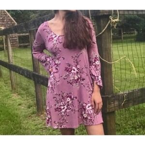 Pink Rose Floral Long Sleeve Shift Dress Size Large